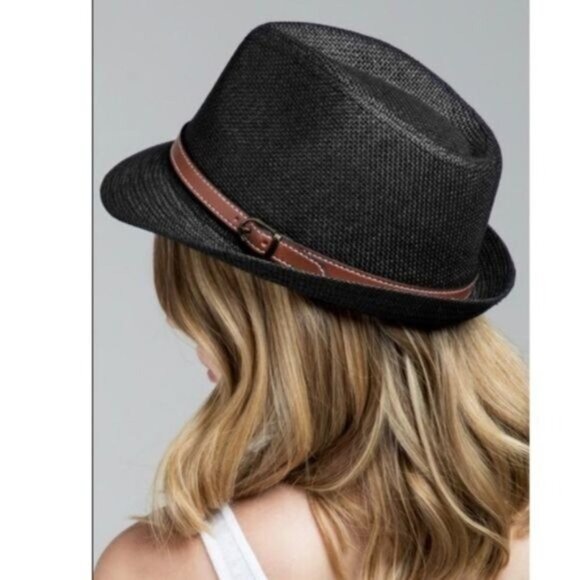 Black Fedora Hat W/ Brown Faux Leather Band Lightweight Woven Design-NEW - Picture 1 of 2